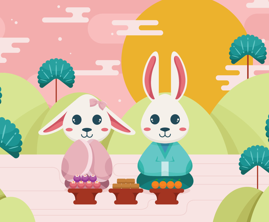 Chuseok Celebration Illustration With Cute Bunny Couple