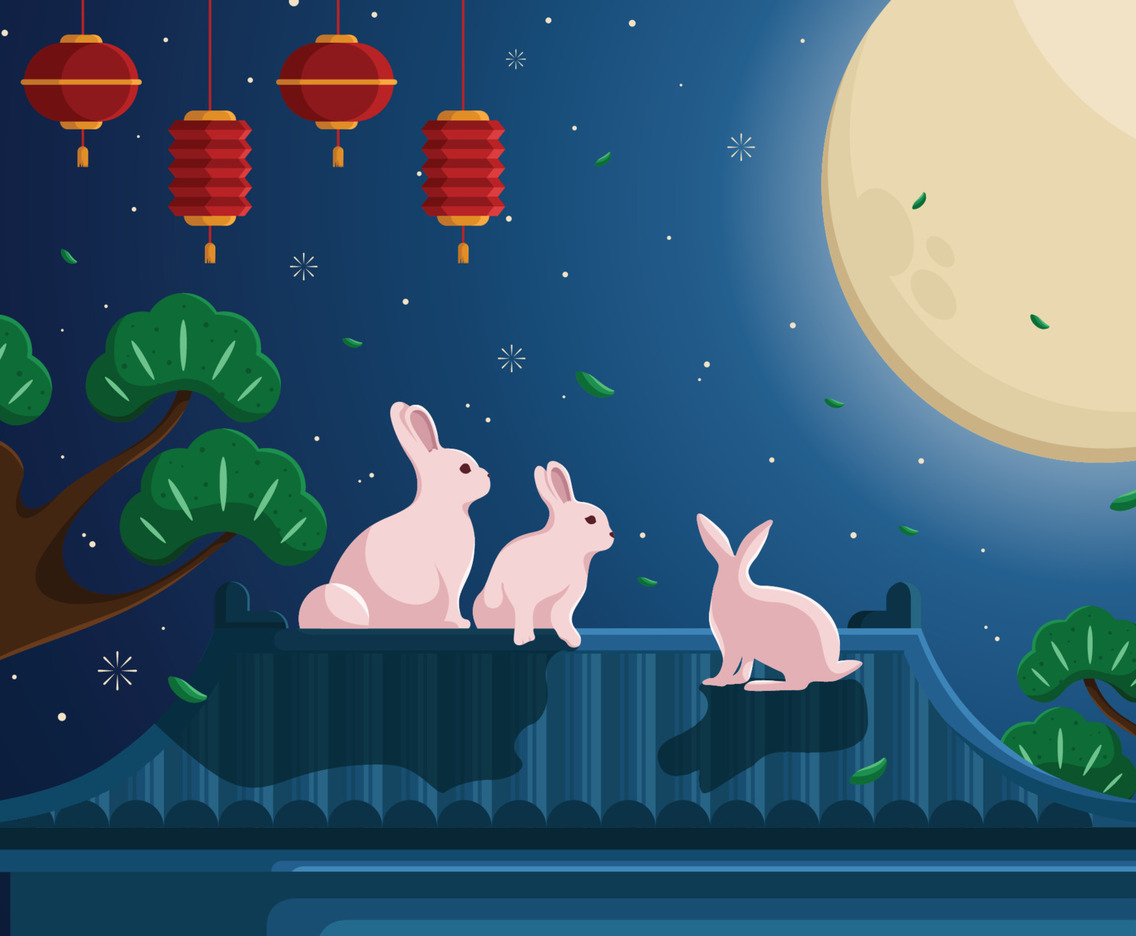 Illustration Of The Moon And A Herd Of Rabbits