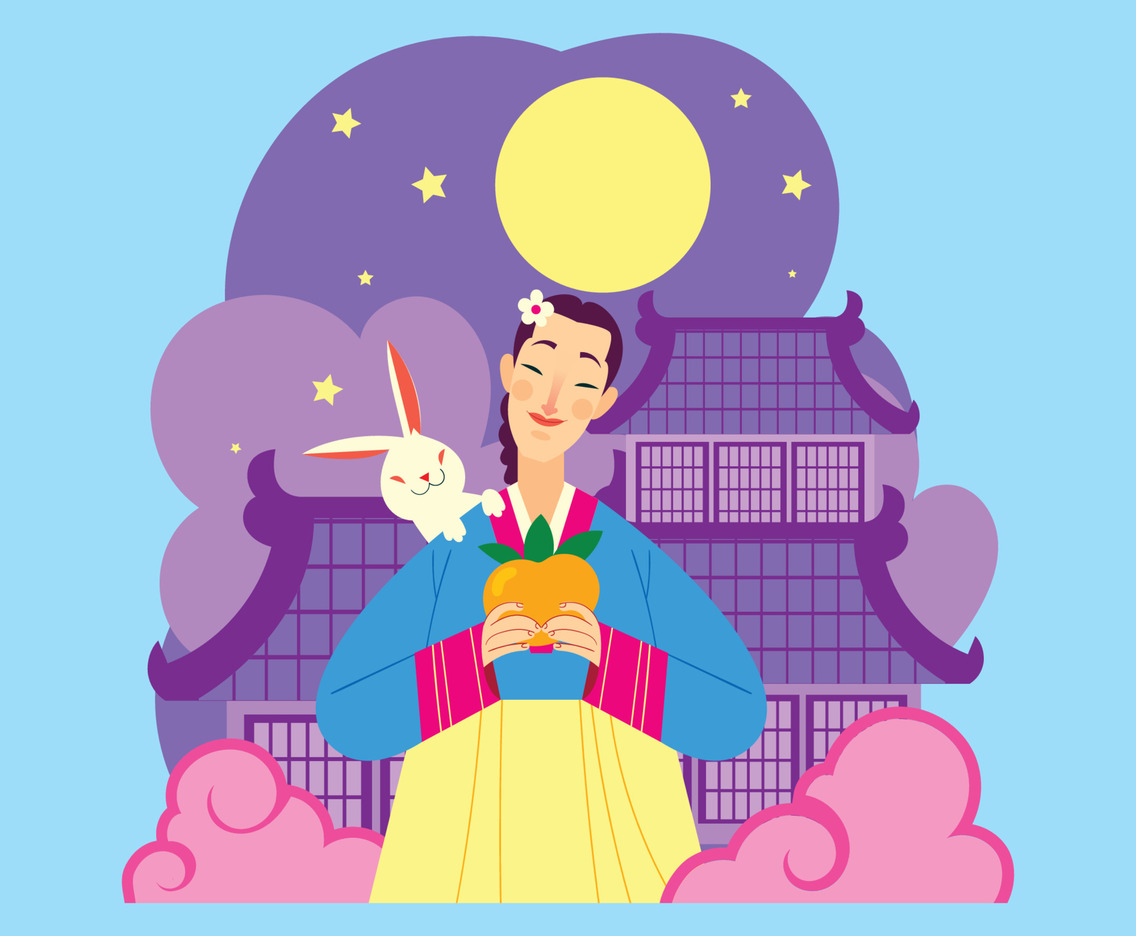 Cute Korean Girl and The Bunny with a Big Persimmon