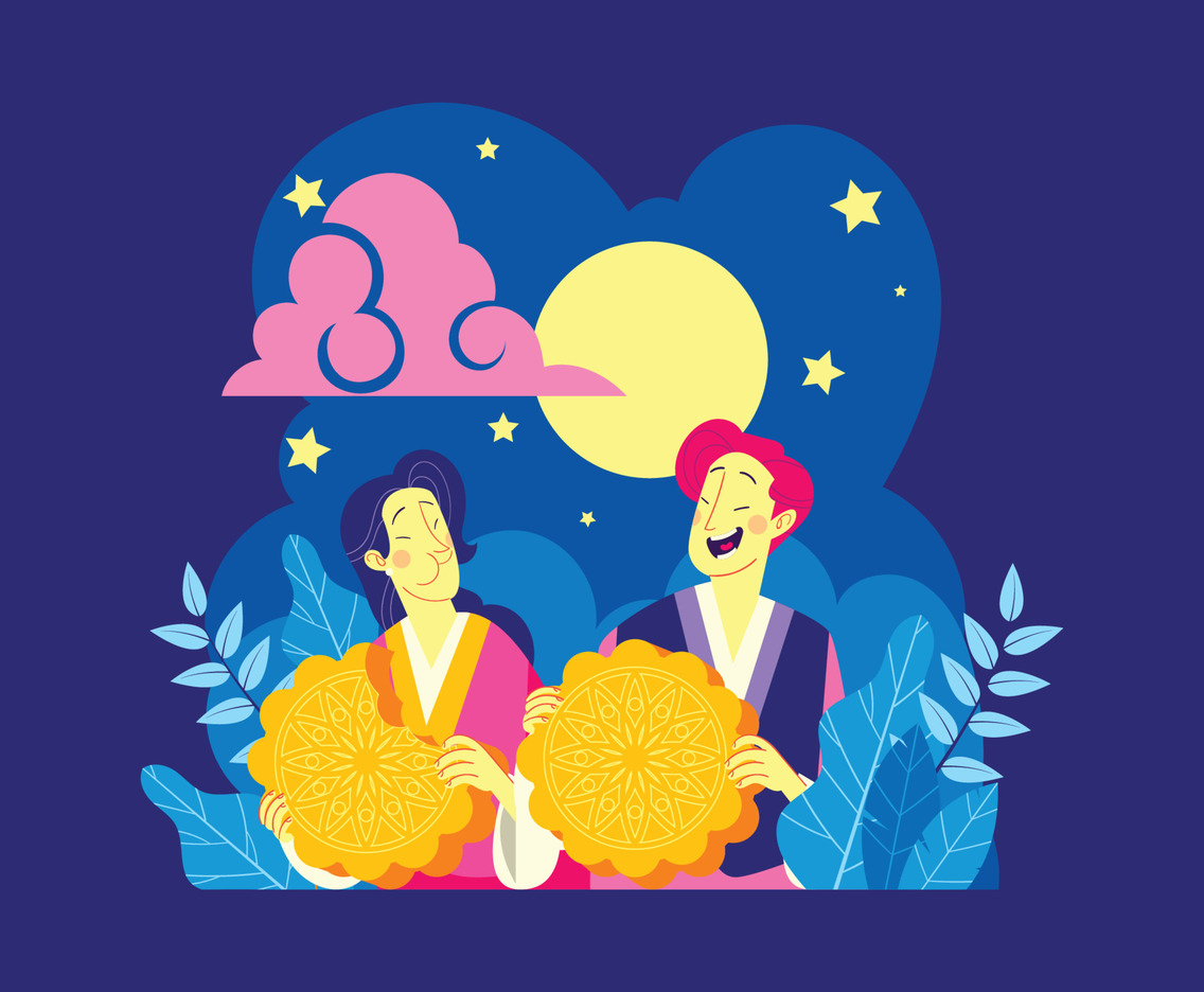Korean Young Couple with Their Big Mooncake