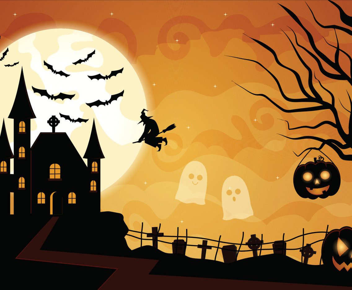 Trick or Treat with Spooky Castle, Bats, and Halloween Pumpkin