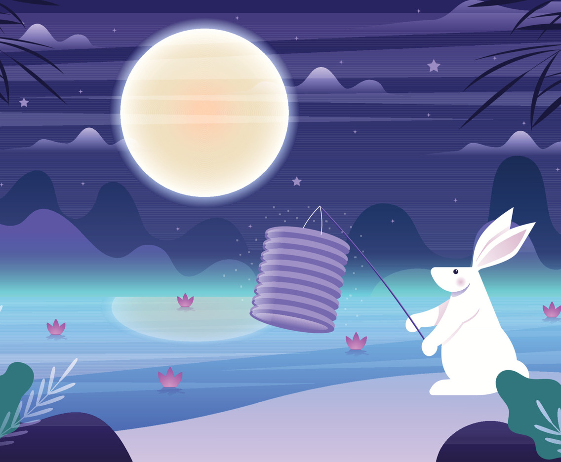 Mid Autumn with Rabbit, Lantern, and Moon Concept