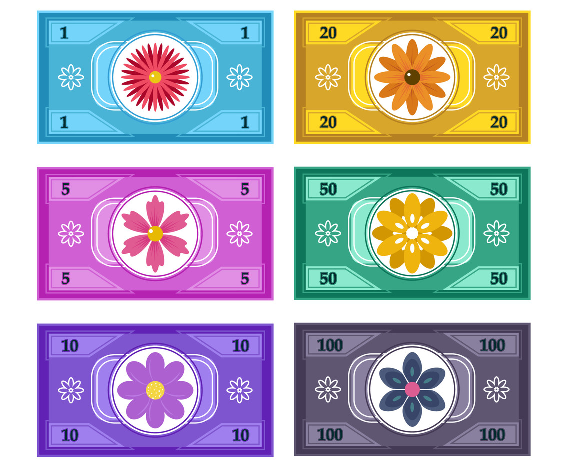 Fake Paper Money Collection With Flower Concept