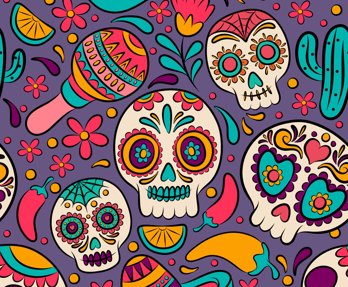 Sugar Skull Hand Drawn Colorful Seamless Patten