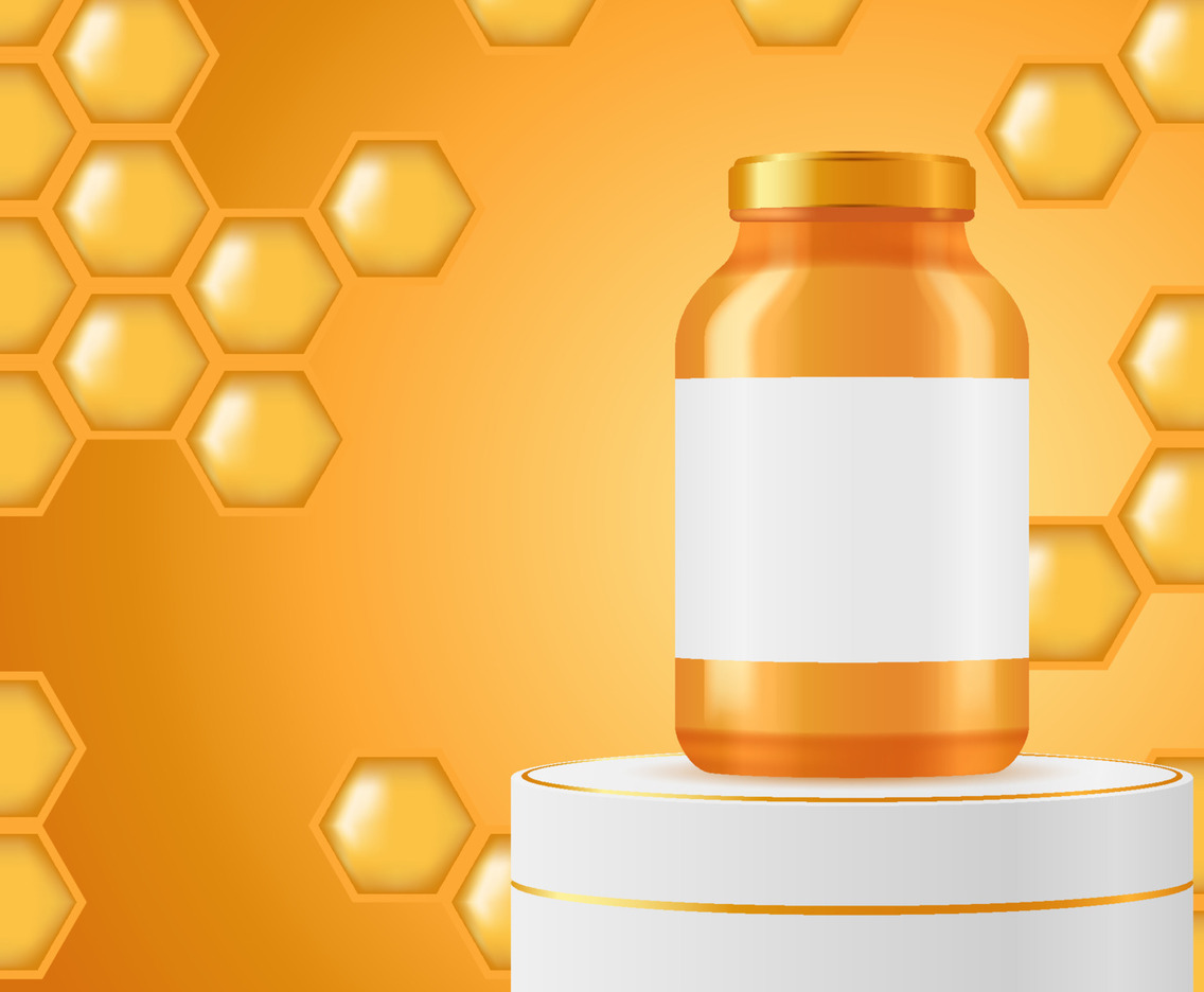 Gold Mock Up Honey Bottle with Golden Background