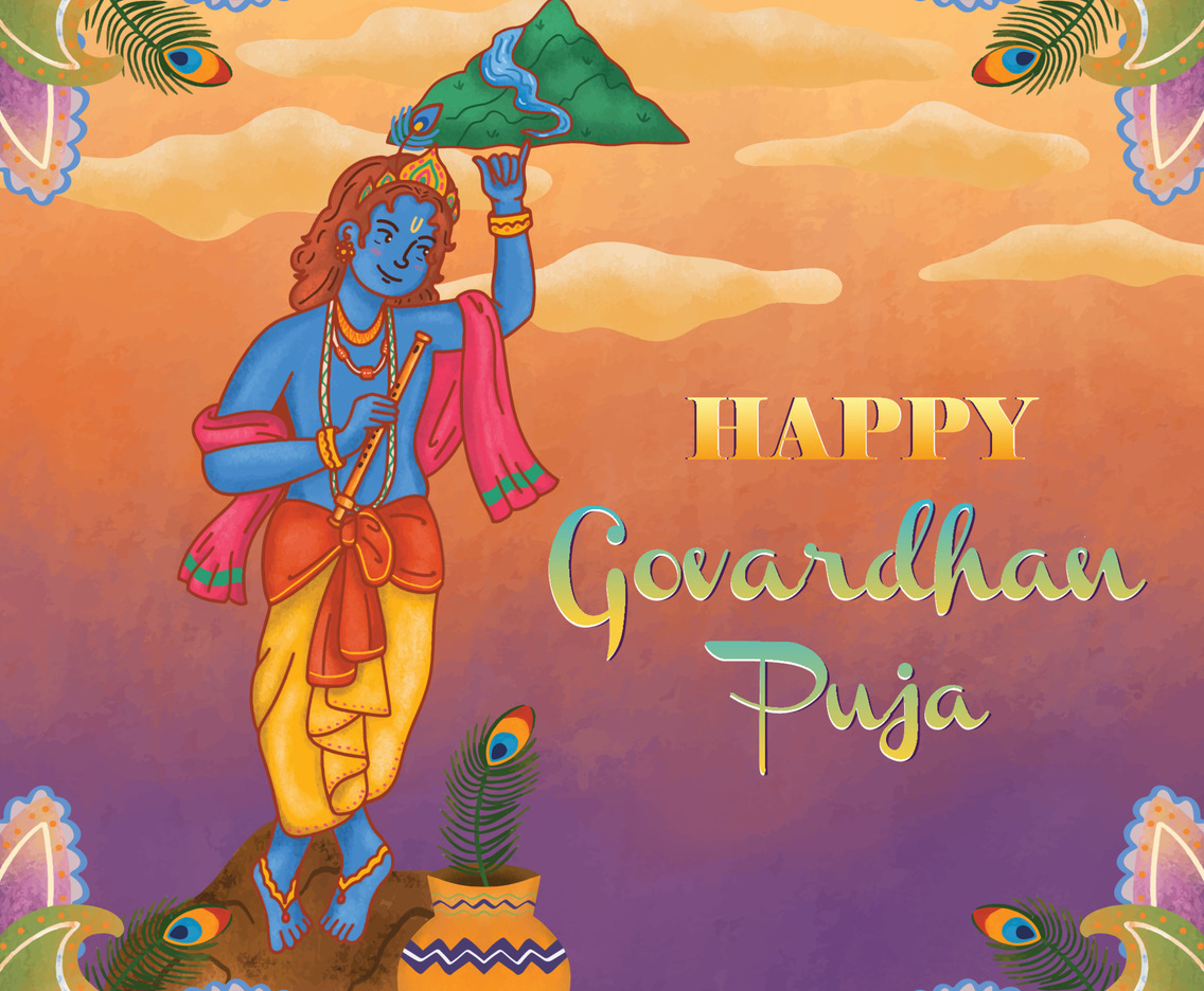 Hand Drawn Govardhan Puja Festivity