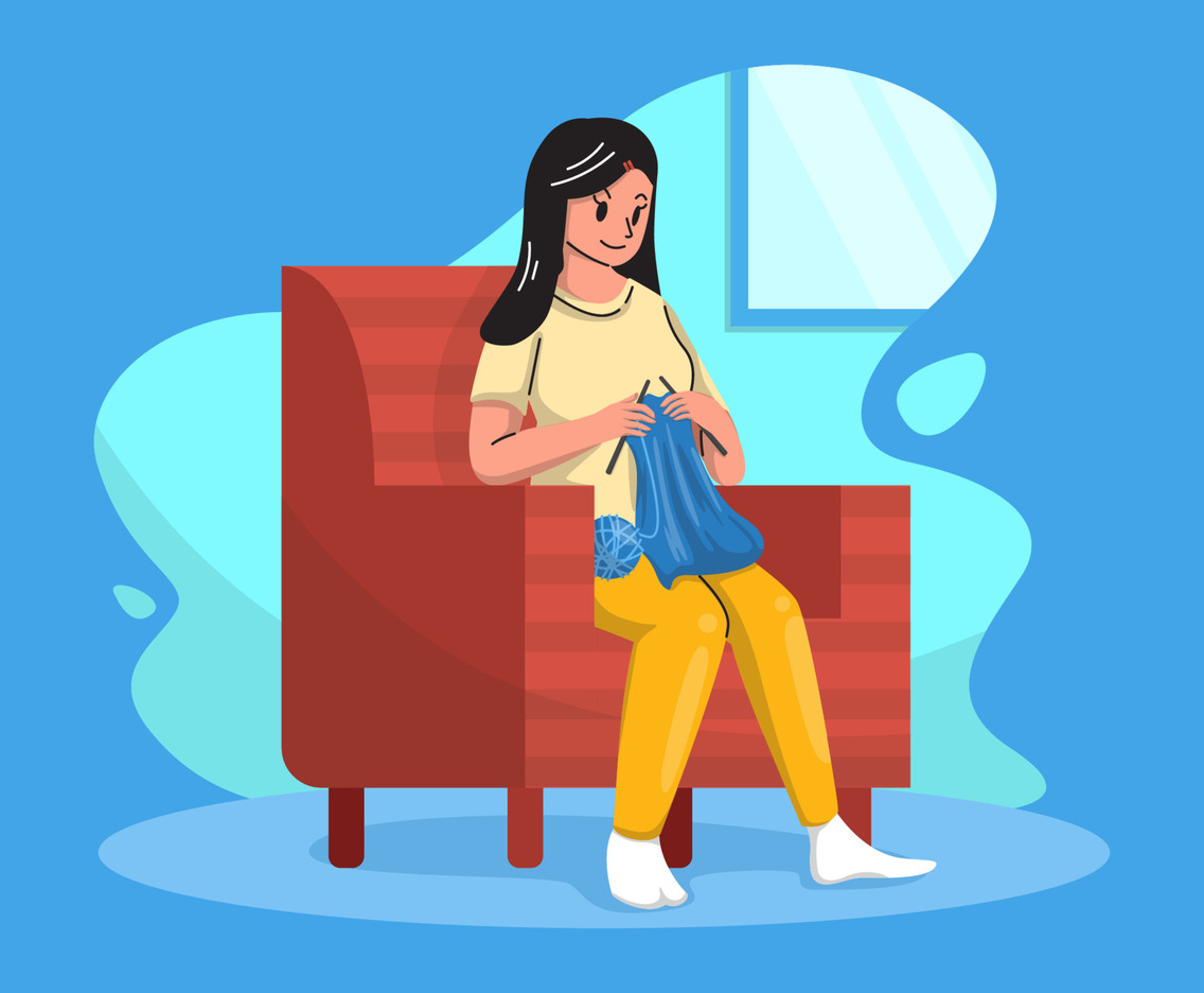 A Girl Knitting on Sofa