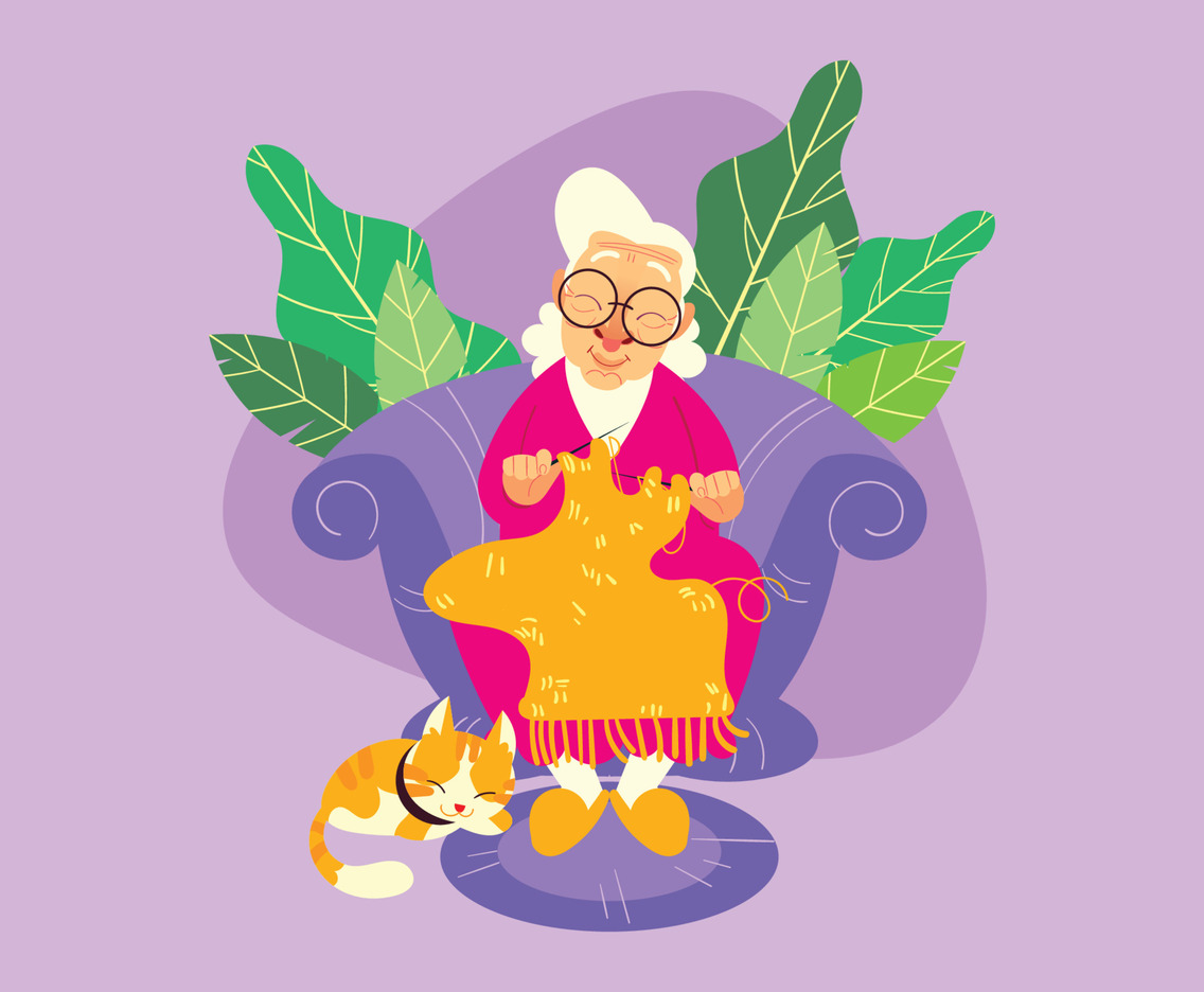 A Grandma Knitting with Her Sleeping Cat