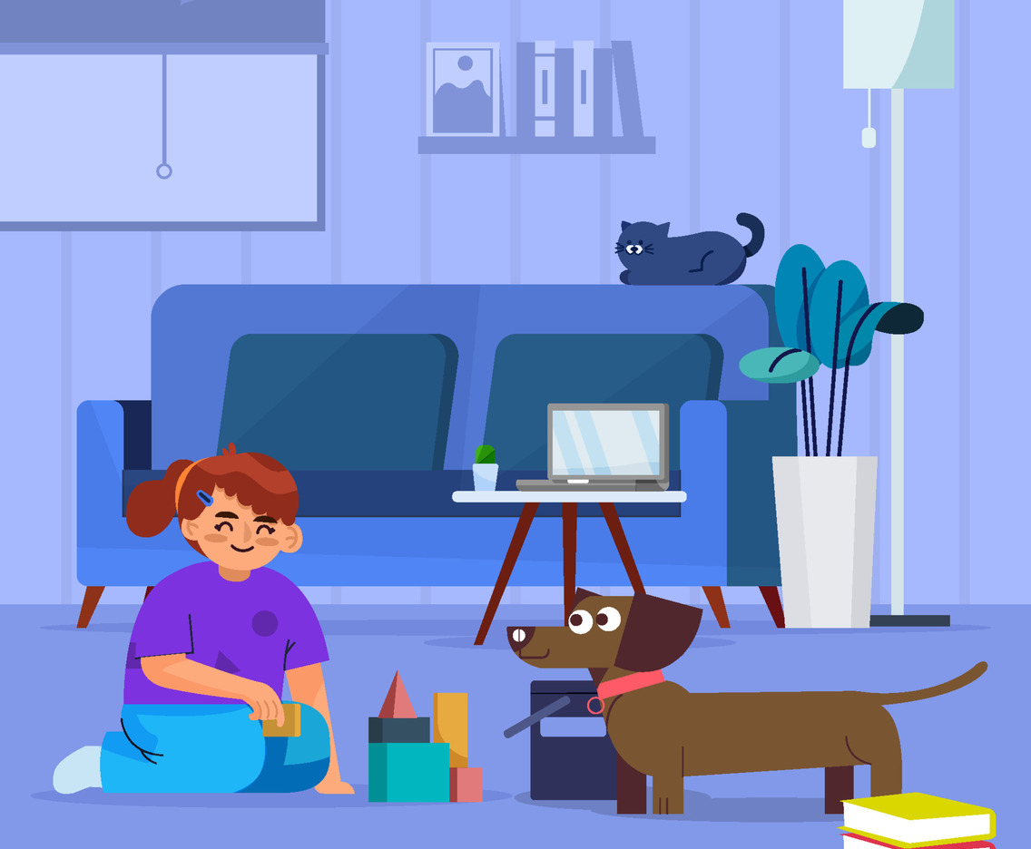 Girl Play Bricks With Her Dog At Home Concept