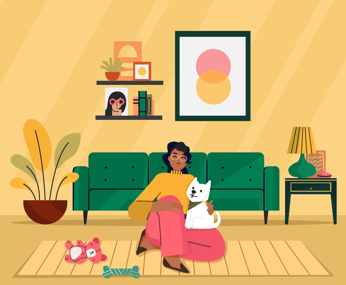 Girl Play With Her Dog In Living Room Concept
