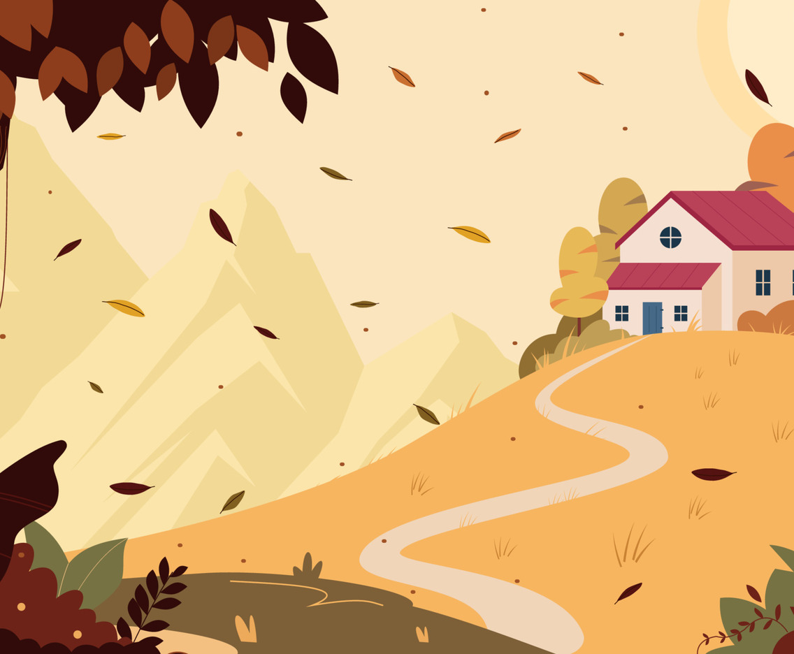 Autumn Season with Falling Leaves Near a Hill House Background