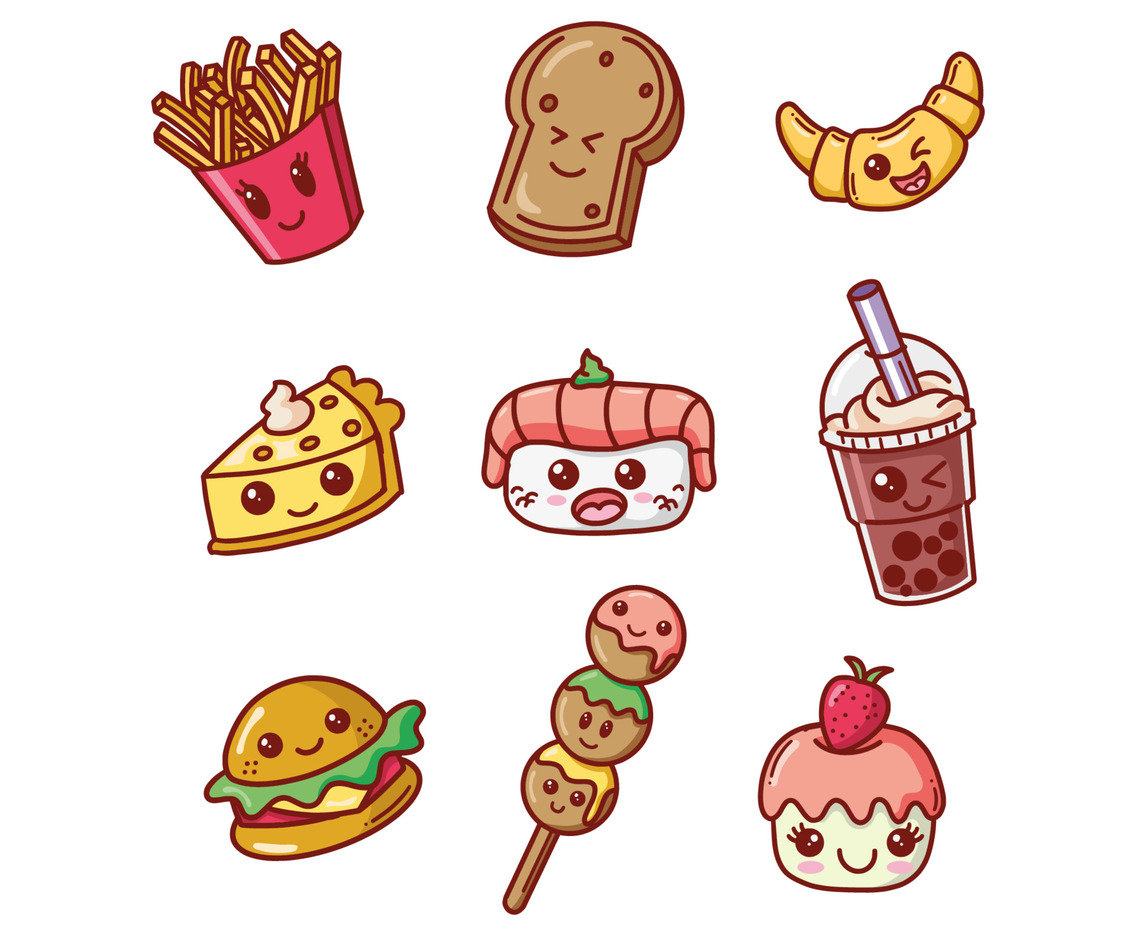 Hand Drawn Kawaii Food Stickers Set