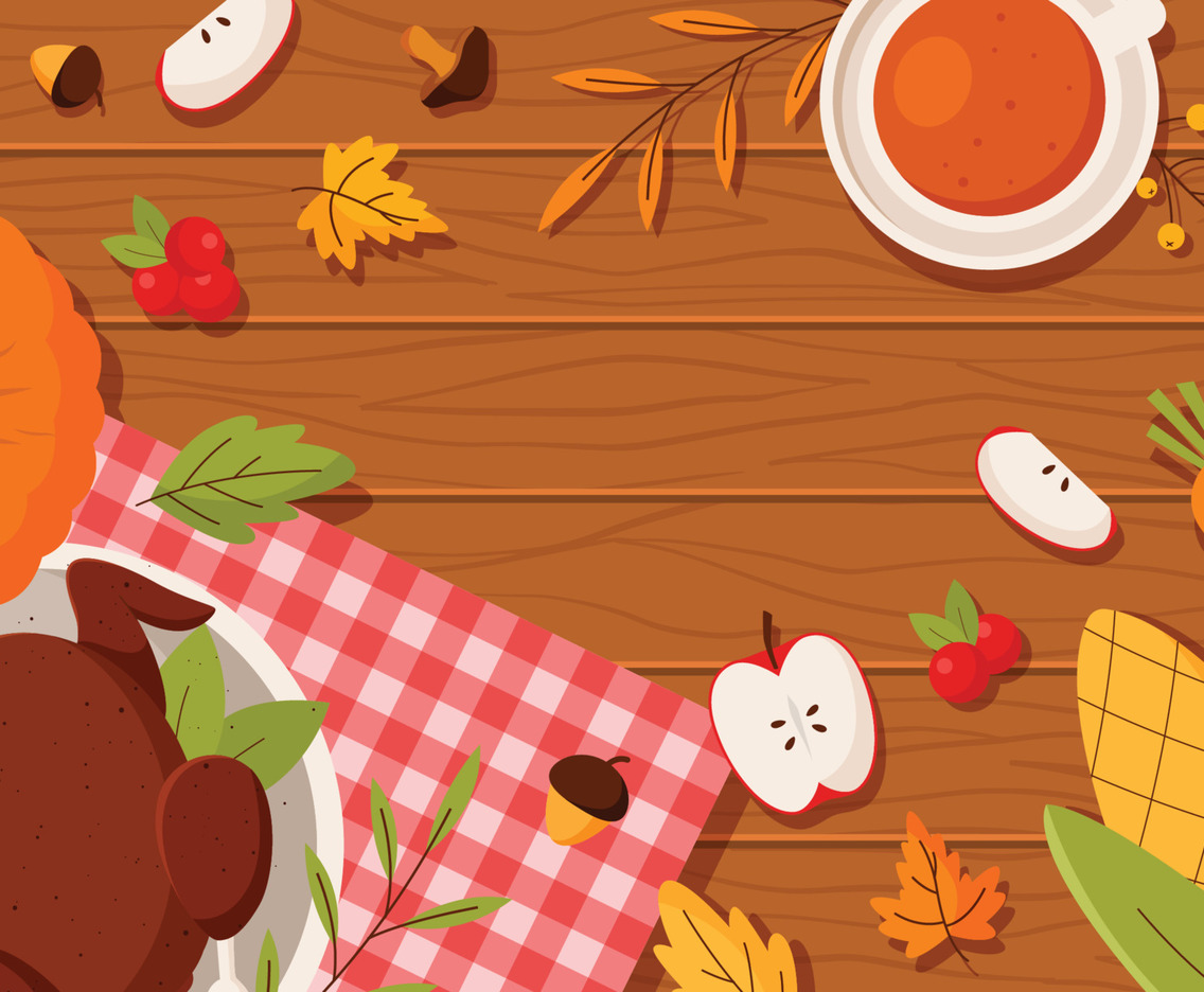 Happy Thanksgiving Background with Food and Beverages