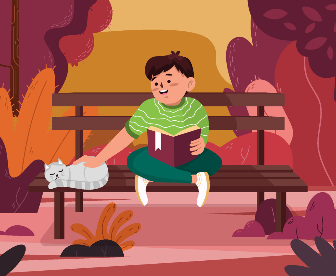 Boy Reading a Book with His Pet Cat Concept