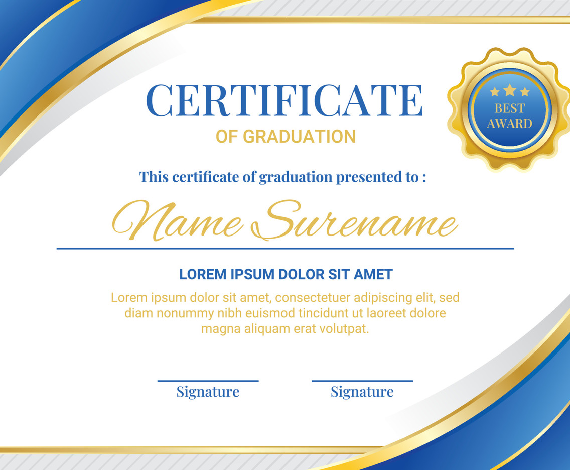 Blue and Gold Certificate of Graduation A4 Paper Size Ratio