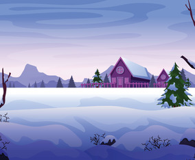 Winter Landscape with Cottage and Trees Background