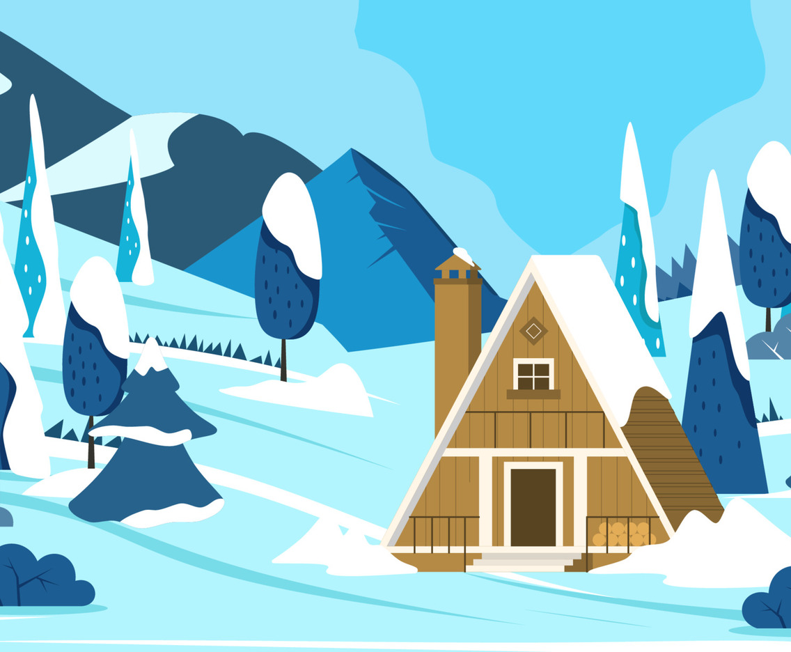 Hut In Middle of Mountains On Winter Background