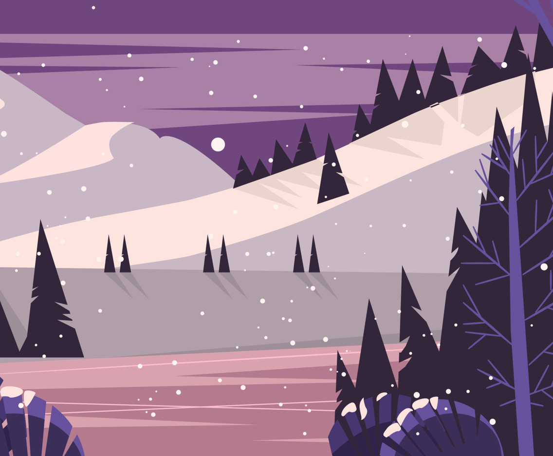Winter Night Forest With River Mountains Background