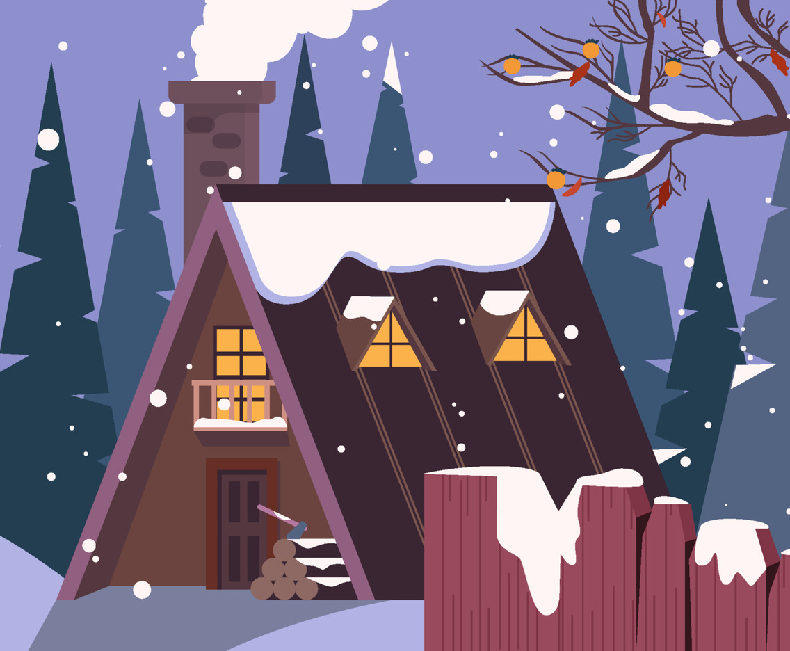 Wooden Hut Among High Trees In Winter Background