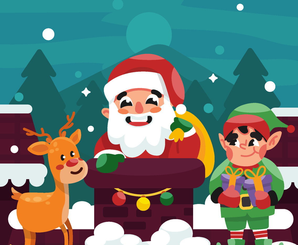 Cute Santa Claus and the Helpers in Christmas Night