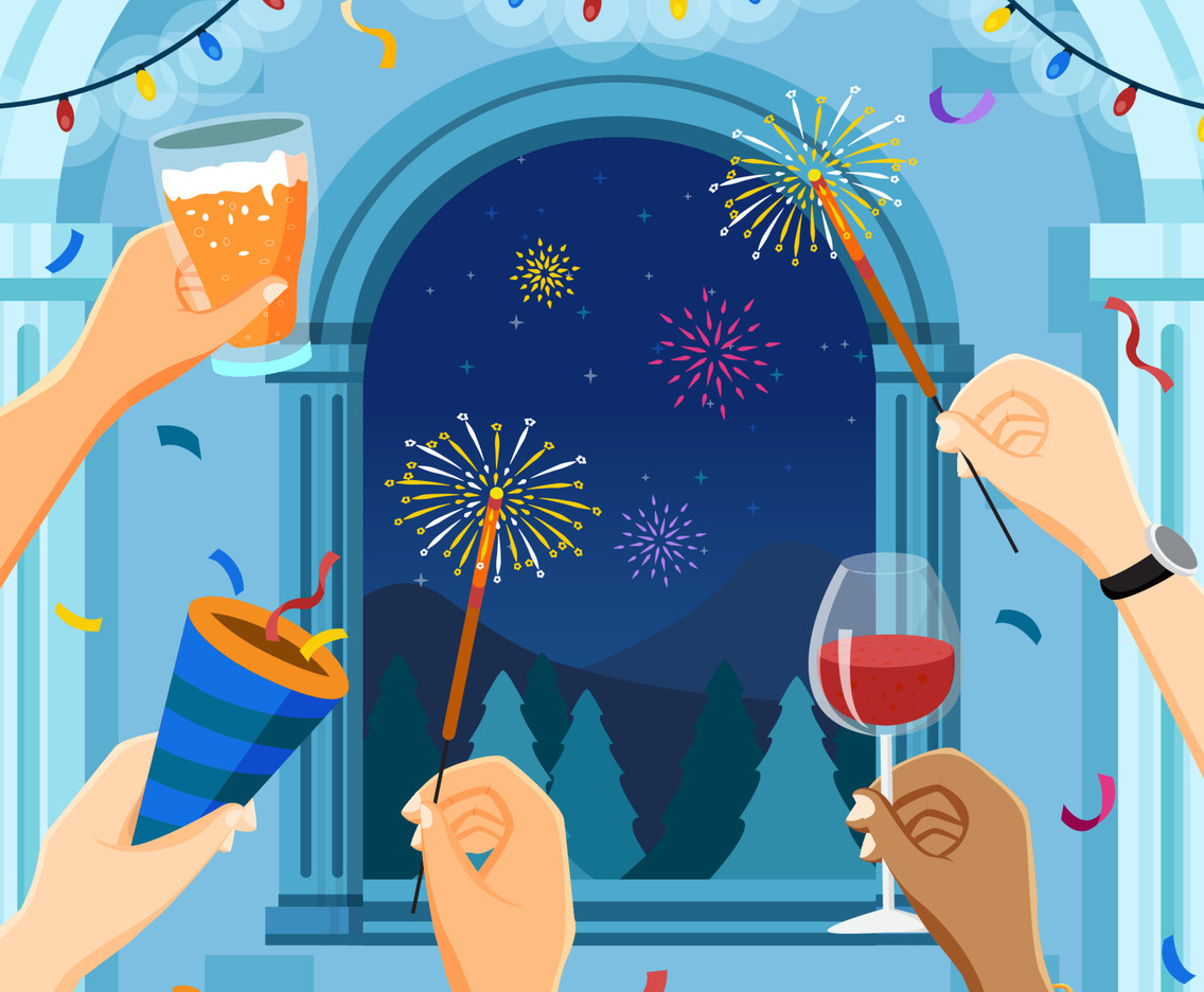 New Year Indoor Party with Firework and Lights