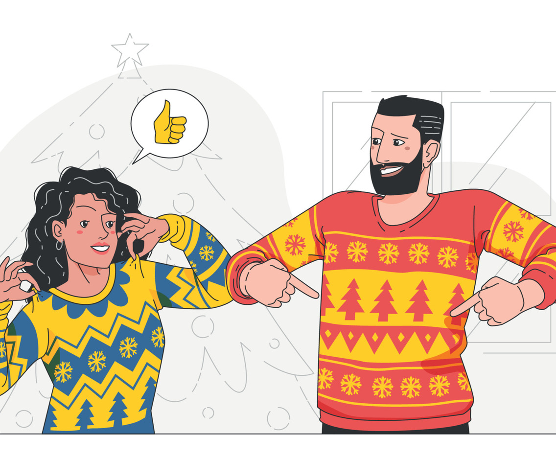 A Couple Showing Off Their Ugly Sweaters