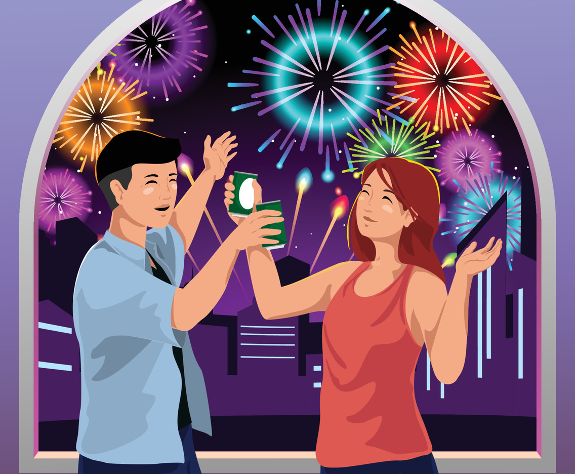 Couples Enjoying New Year's Fireworks