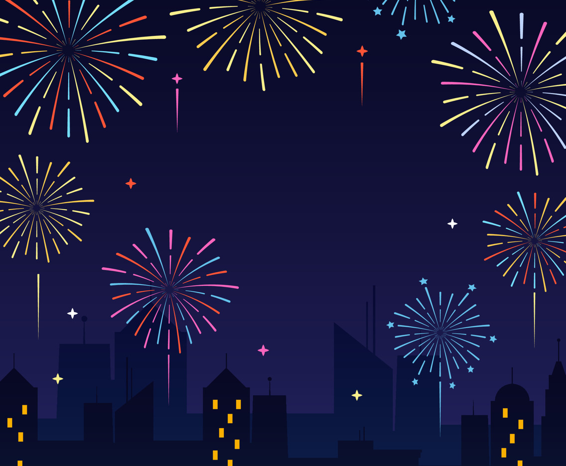 Colorful Firework Background with Cityscape Silhouette