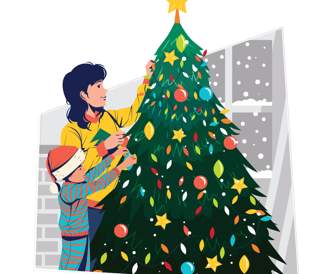 Mother and Son Decorating Christmas Tree Concept