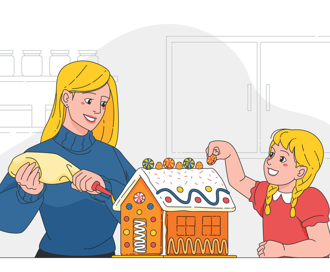 Mother and Daughter Making a Ginger Bread House Concept