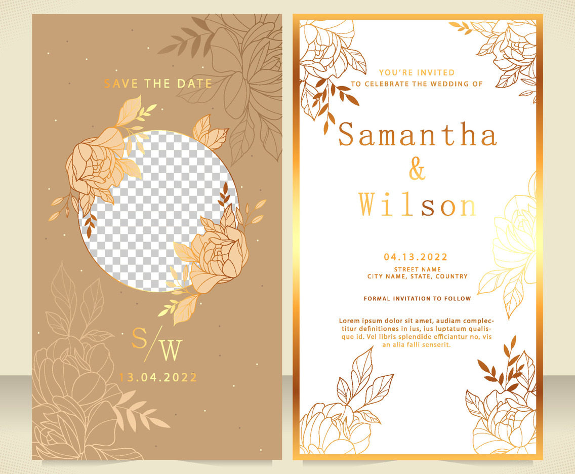 Brown And Gold Flower Weeding Invitation