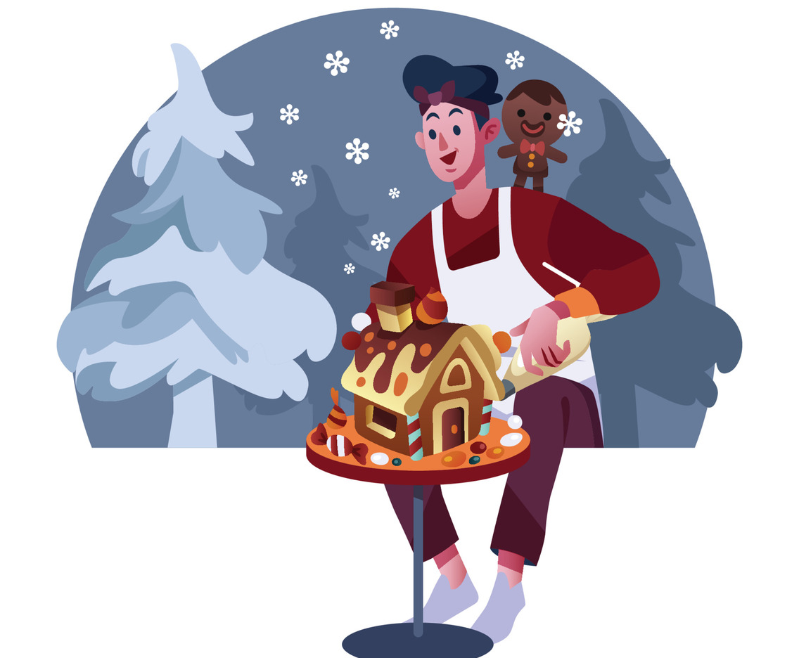 A Boy Decorating A Gingerbread In Winter