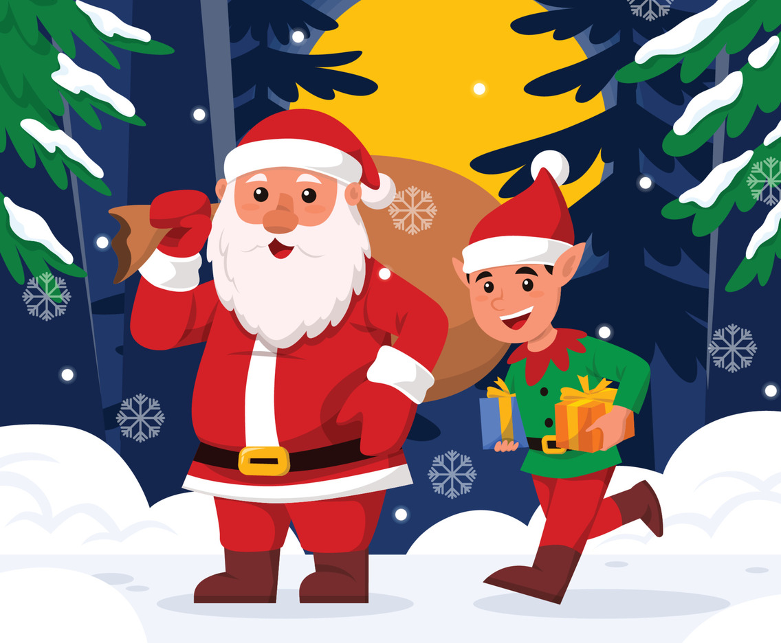 Santa Claus And The Helper Is On The Way For Giving Gift