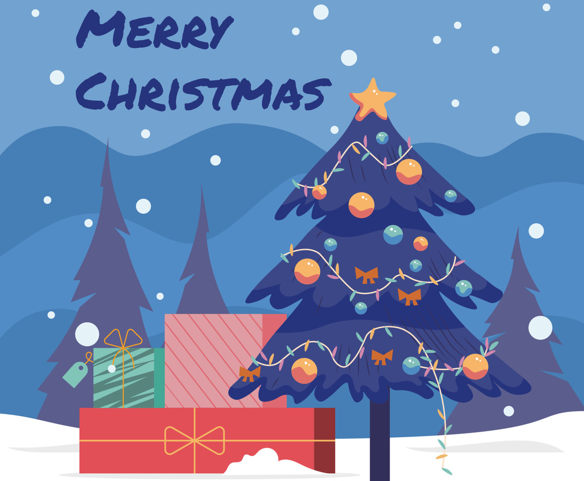 Christmas Tree With Presents On Snow Concept