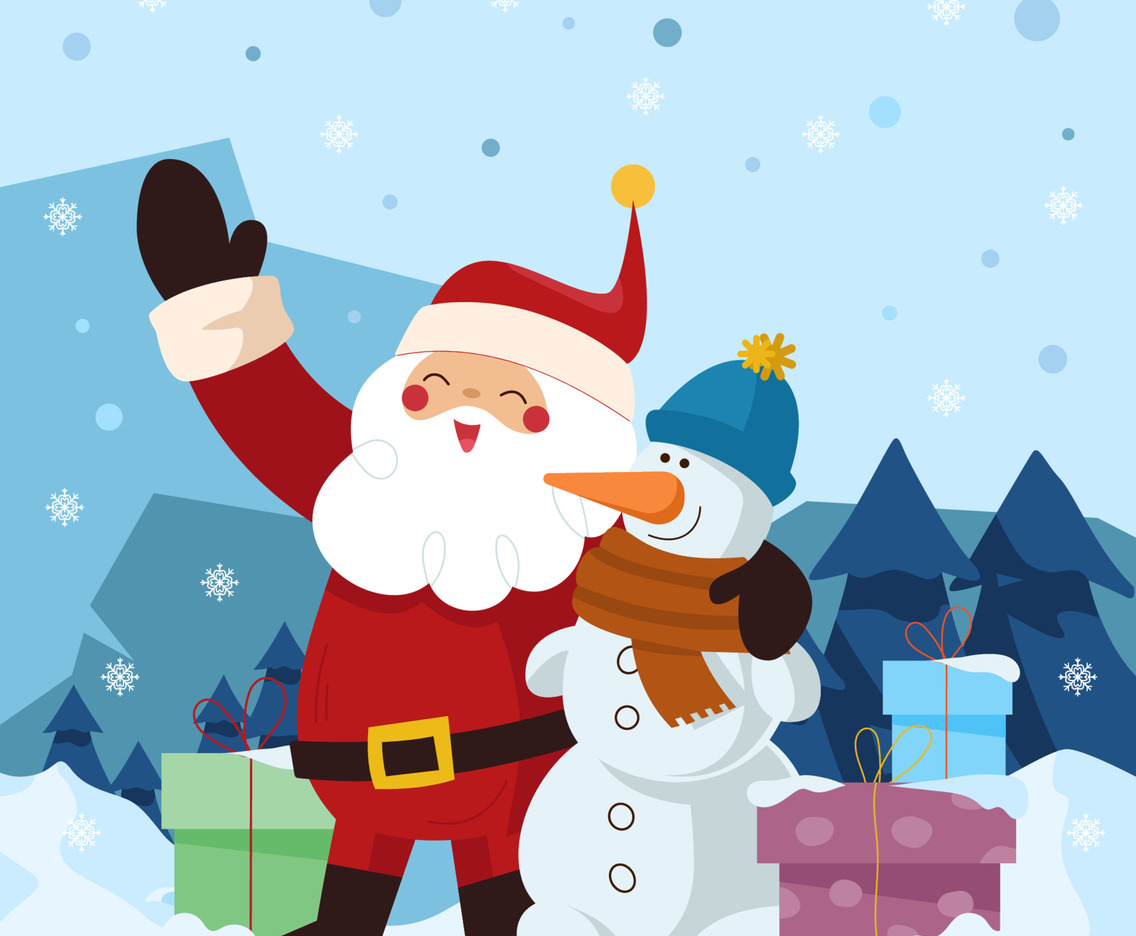 Santa Claus And Snowman With Presents Concept