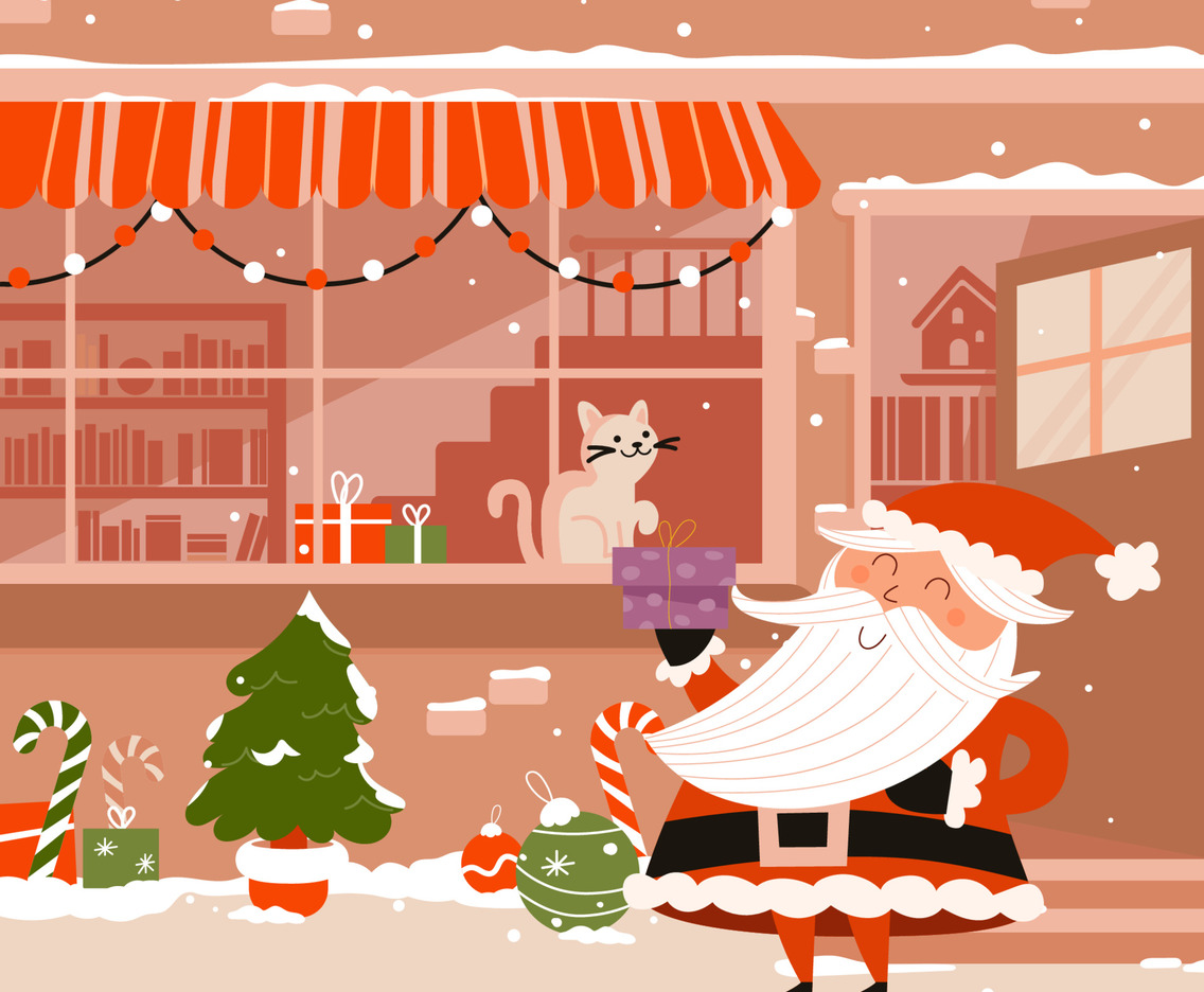 Santa Claus Giving Christmas Present To a Cat Concept