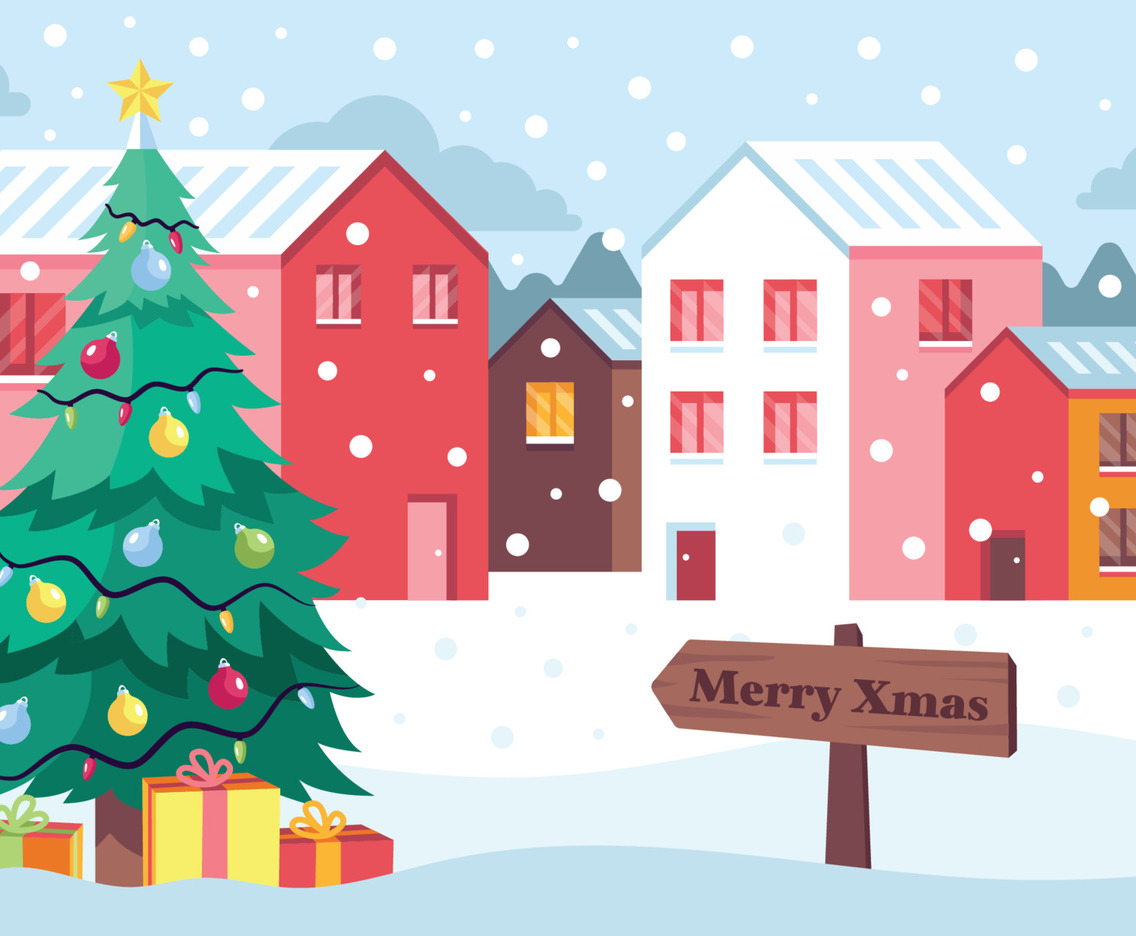 Christmas Tree Snowy Village Landscape
