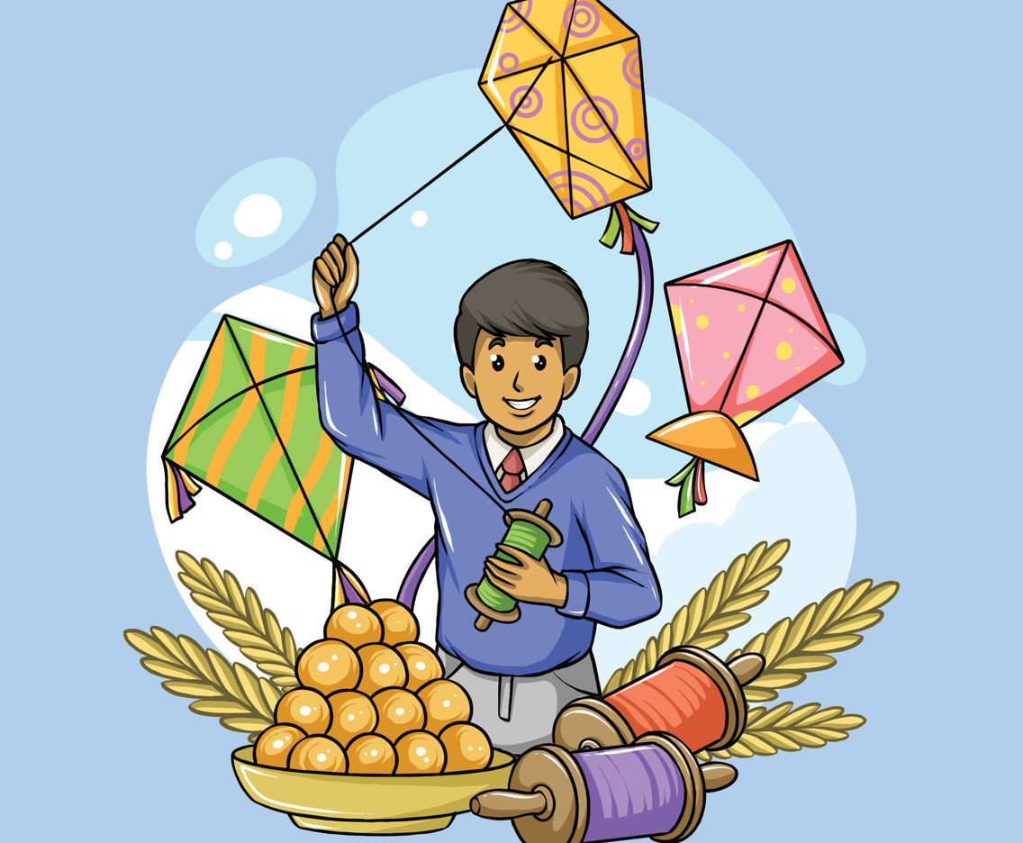 Boys Playing Kites on Makar Sankranti Day