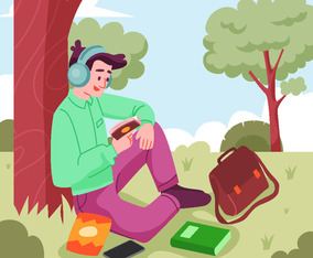 Self Care Concept with Business Man Using Headphone at Garden