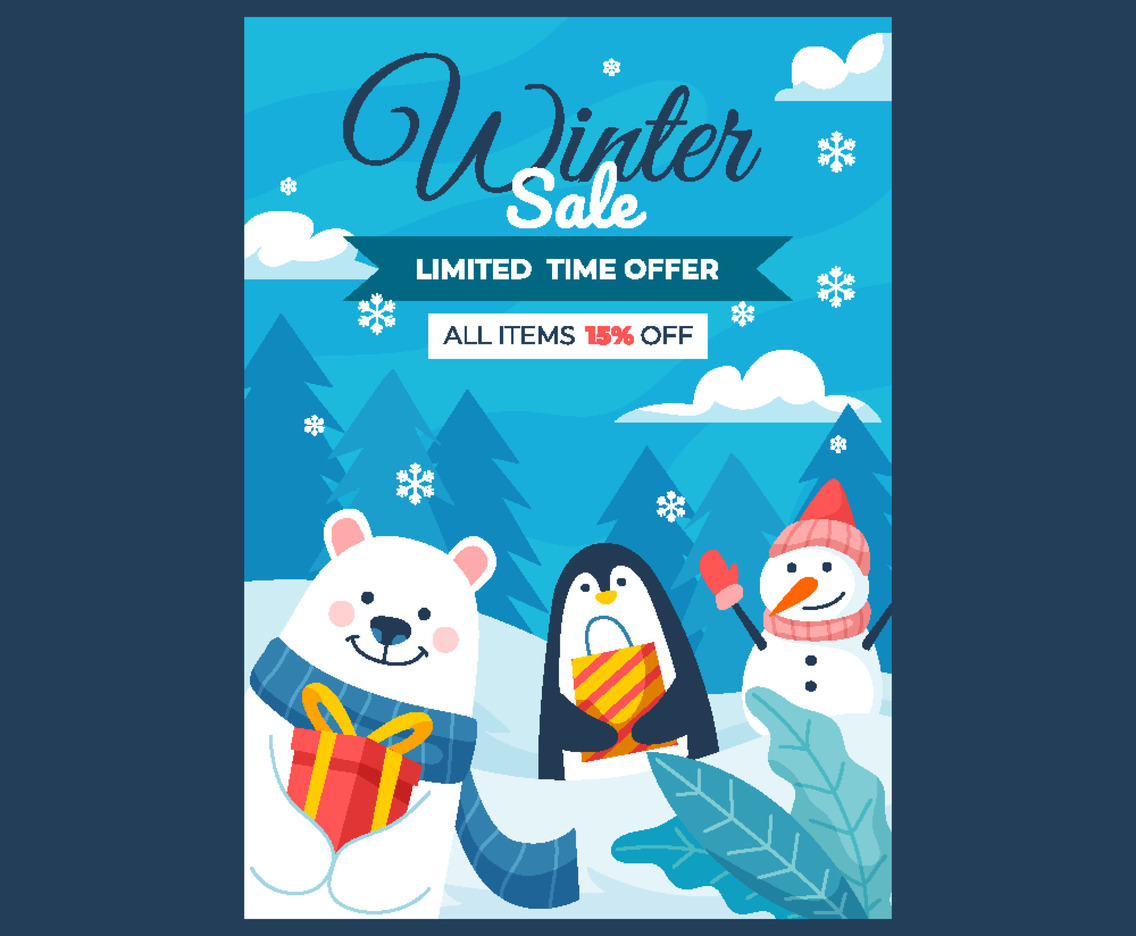 Winter Sale Discount Poster Template with Cute Characters