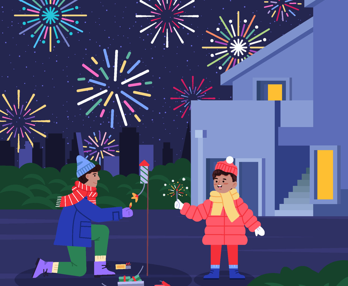 Family Play Firework Outside House Concept