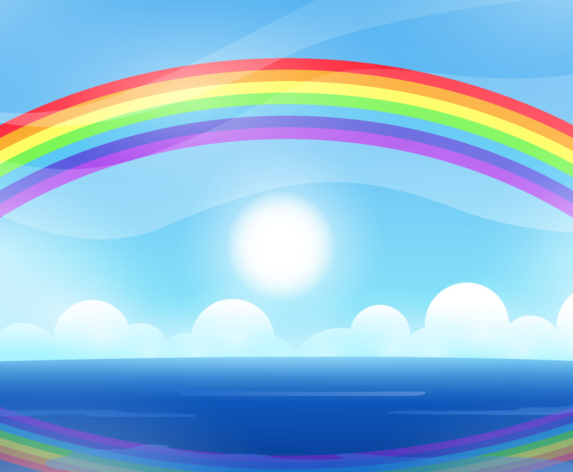 Seascape with Rainbow on Cloudy Sky Background