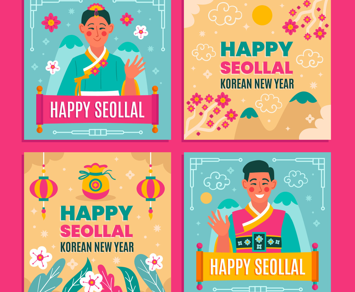Seollal Season Greetings Social Media Templates with Happy Korean People and Ornaments