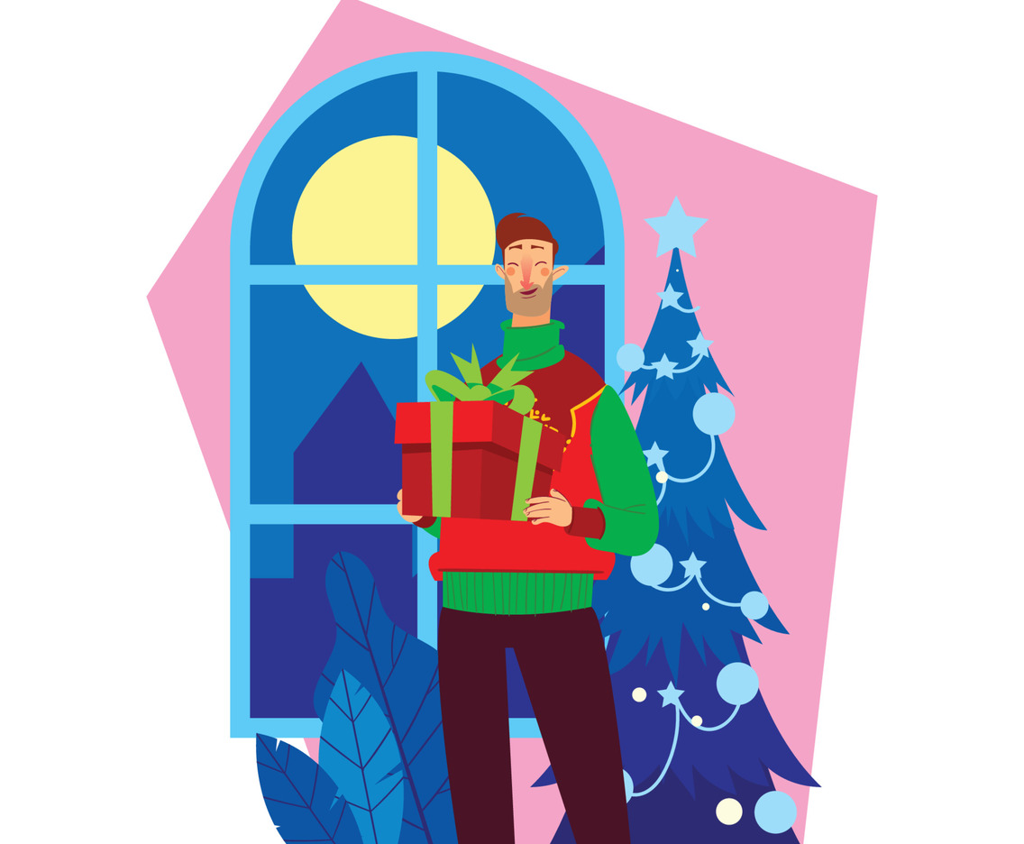 Man Wearing Ugly Sweater With Christmas Gift