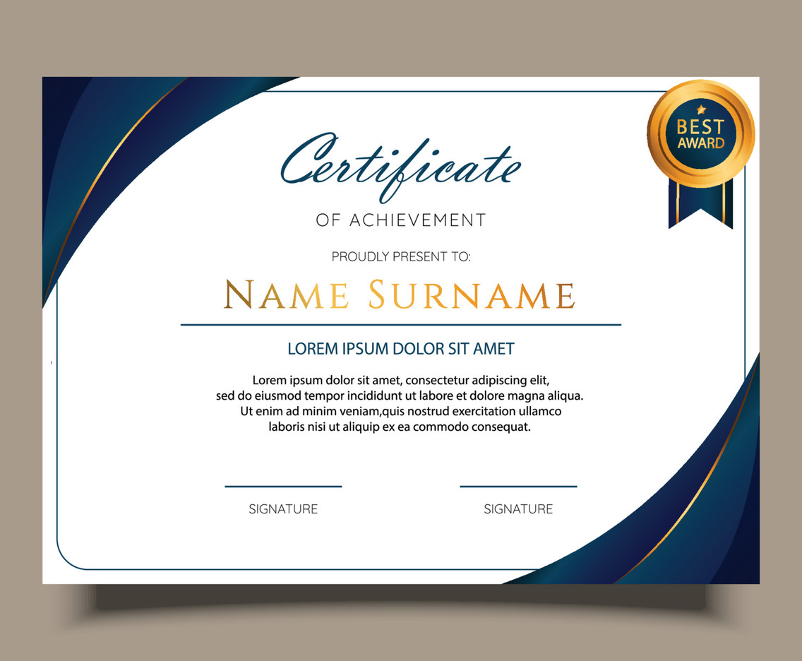 Professional Certificate Of Achievement with Blue and Gold Design