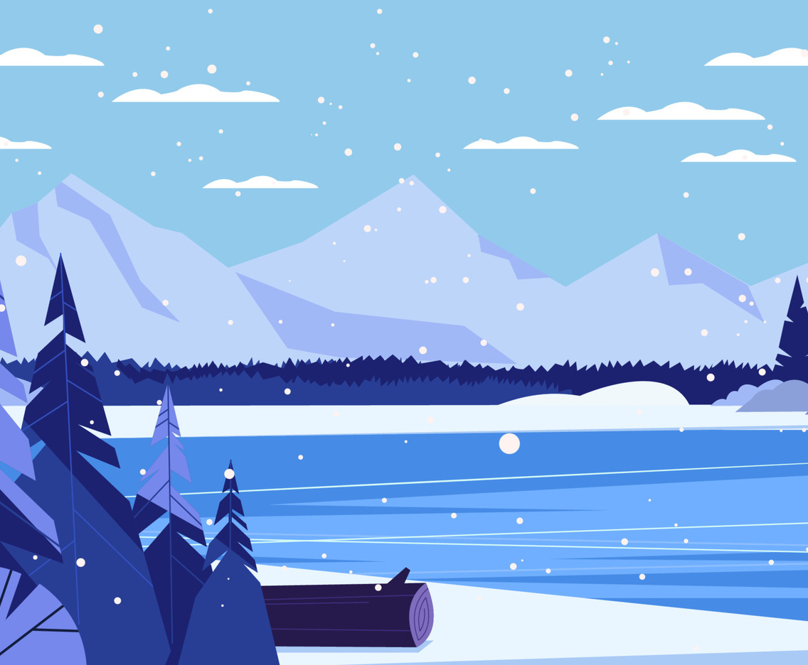 Snowy Winter Forest With River Mountain Background