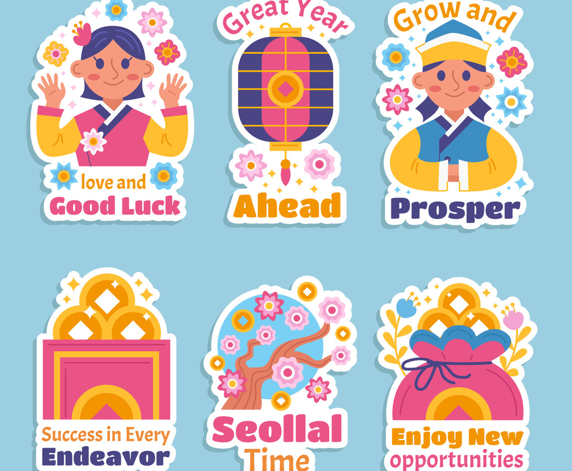 Chat Stickers for Greeting on Seollal Season with Korean People and Ornaments