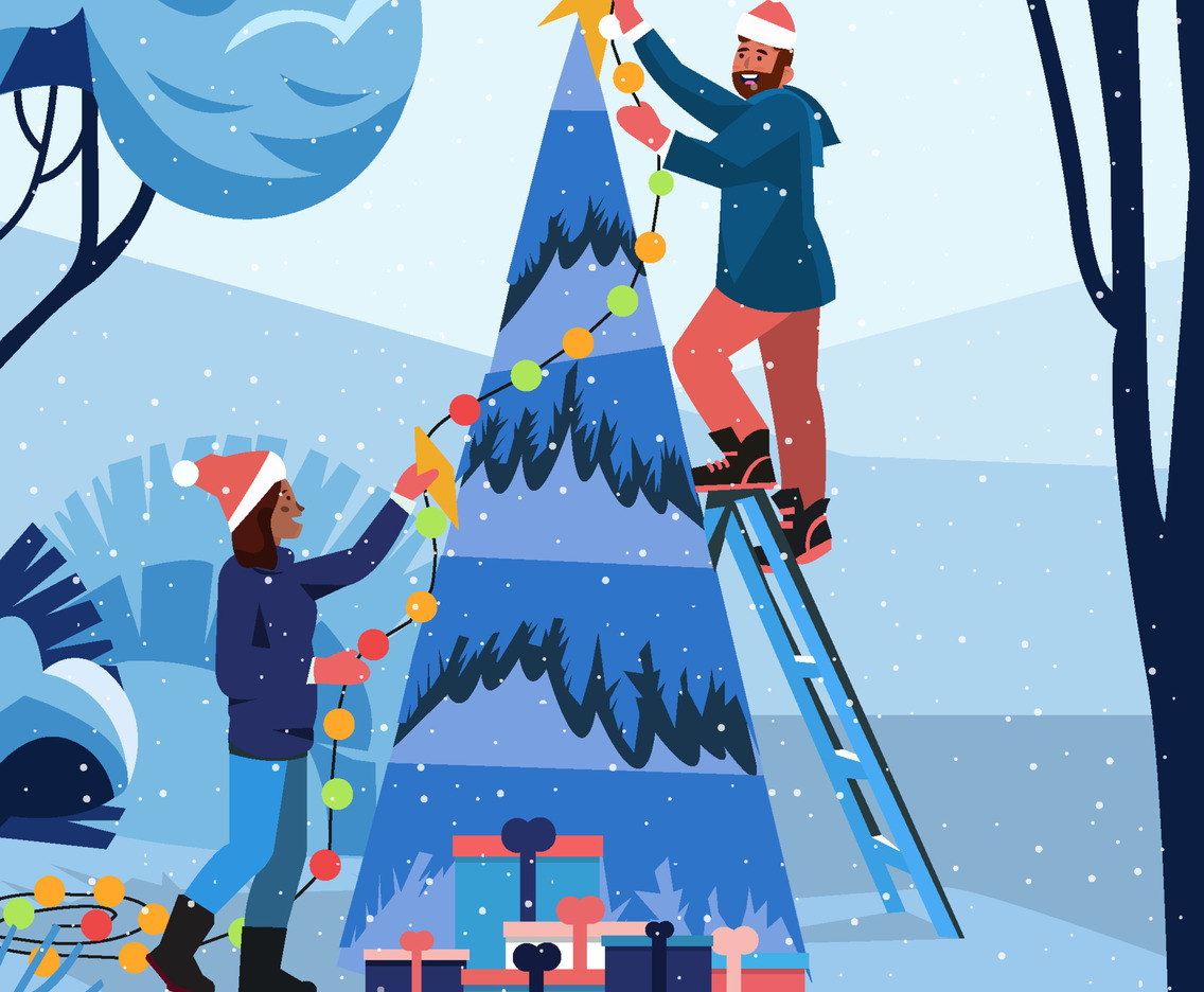 Couple Prepare Christmas Tree Outdoor Concept