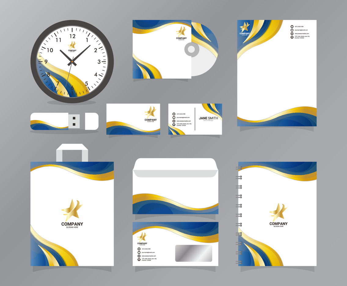 Formal Business Kit Template With Blue And Gold Gradient Color