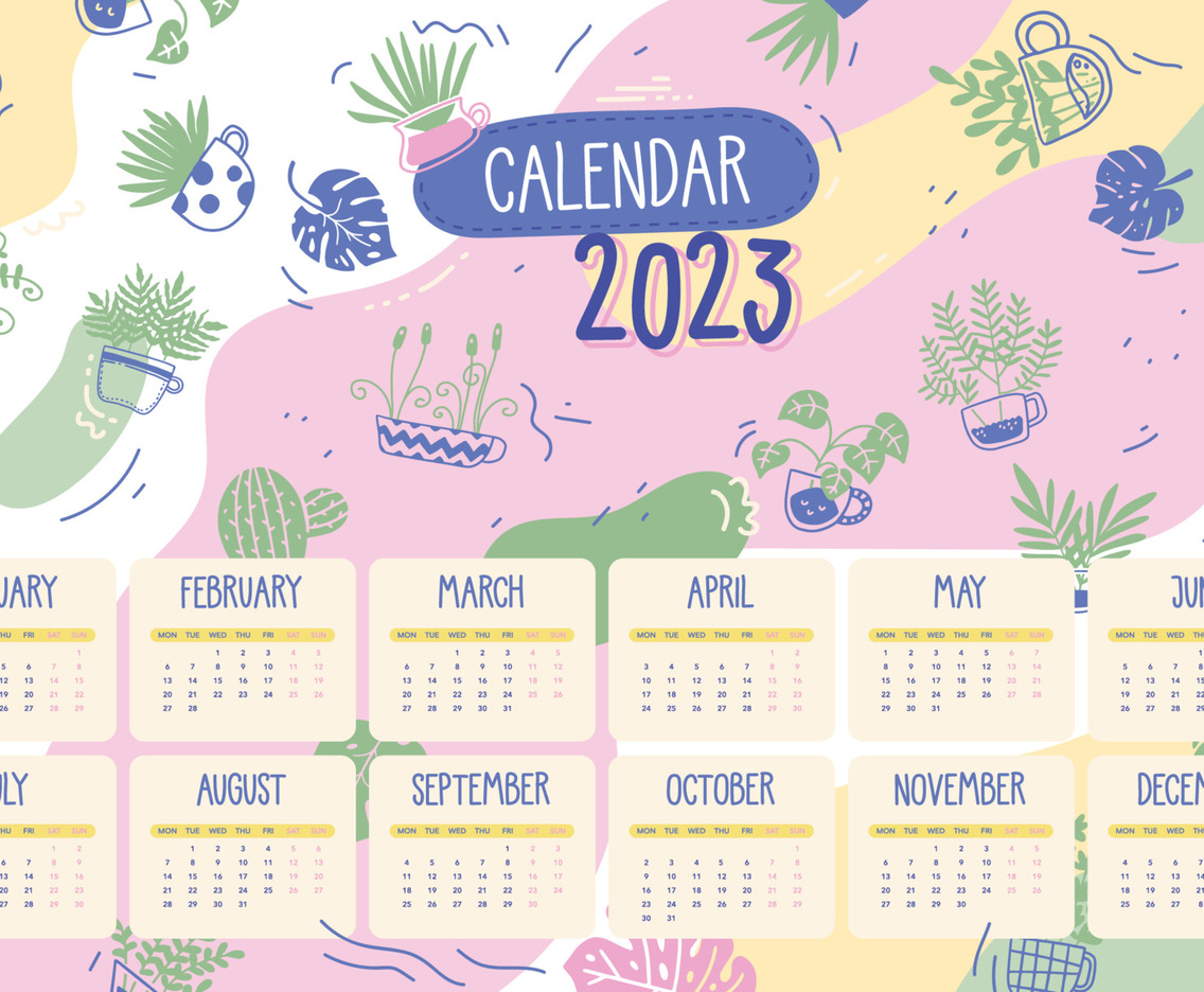 Cute Calendar 2023 Template with Hand Drawn Plants Element